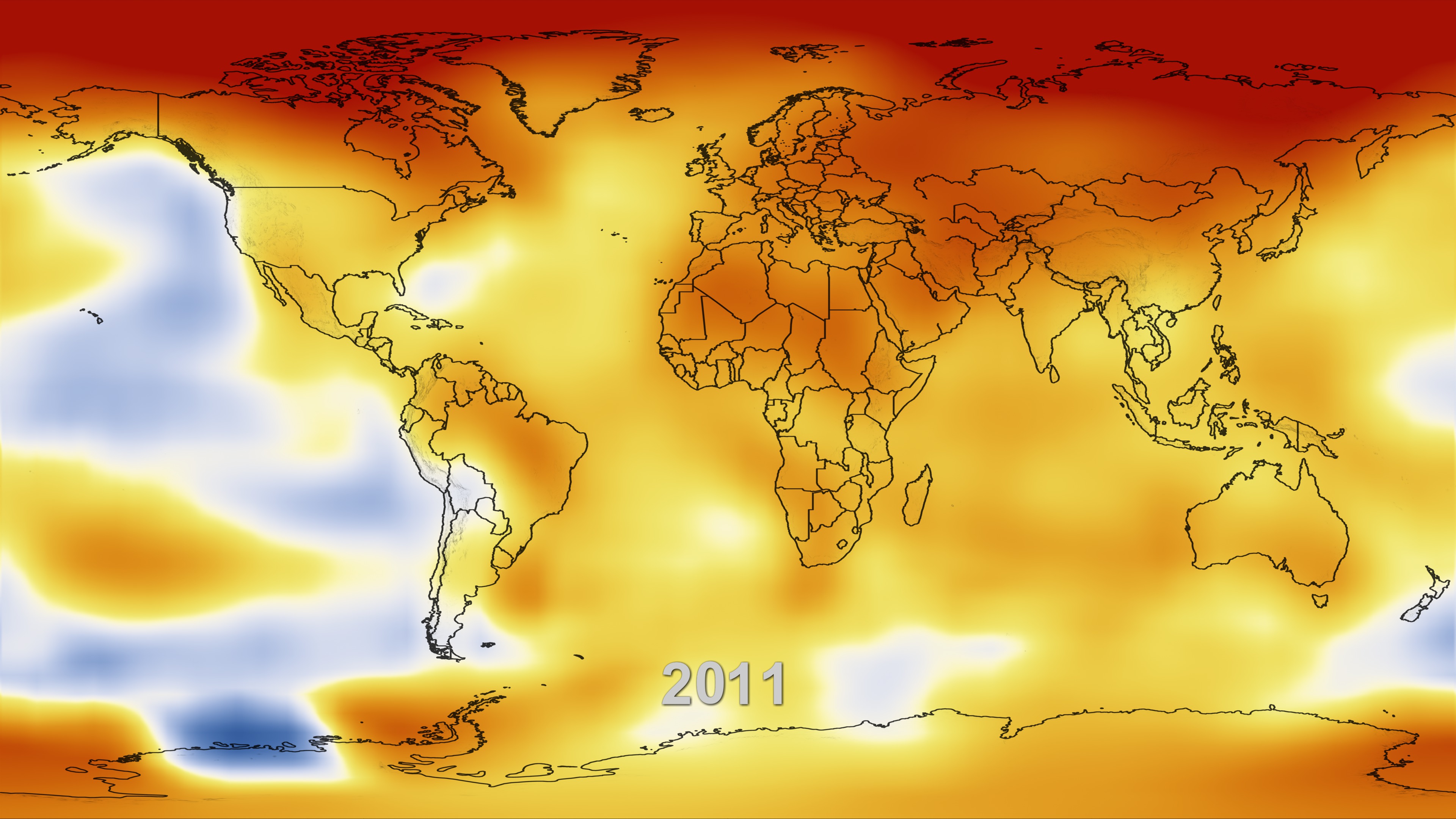 This color-coded map displays a progression of changing global surface temperatures anomalies from 1880 through 2011. The final frame represents global temperature anomalies averaged from 2007 to 2011.