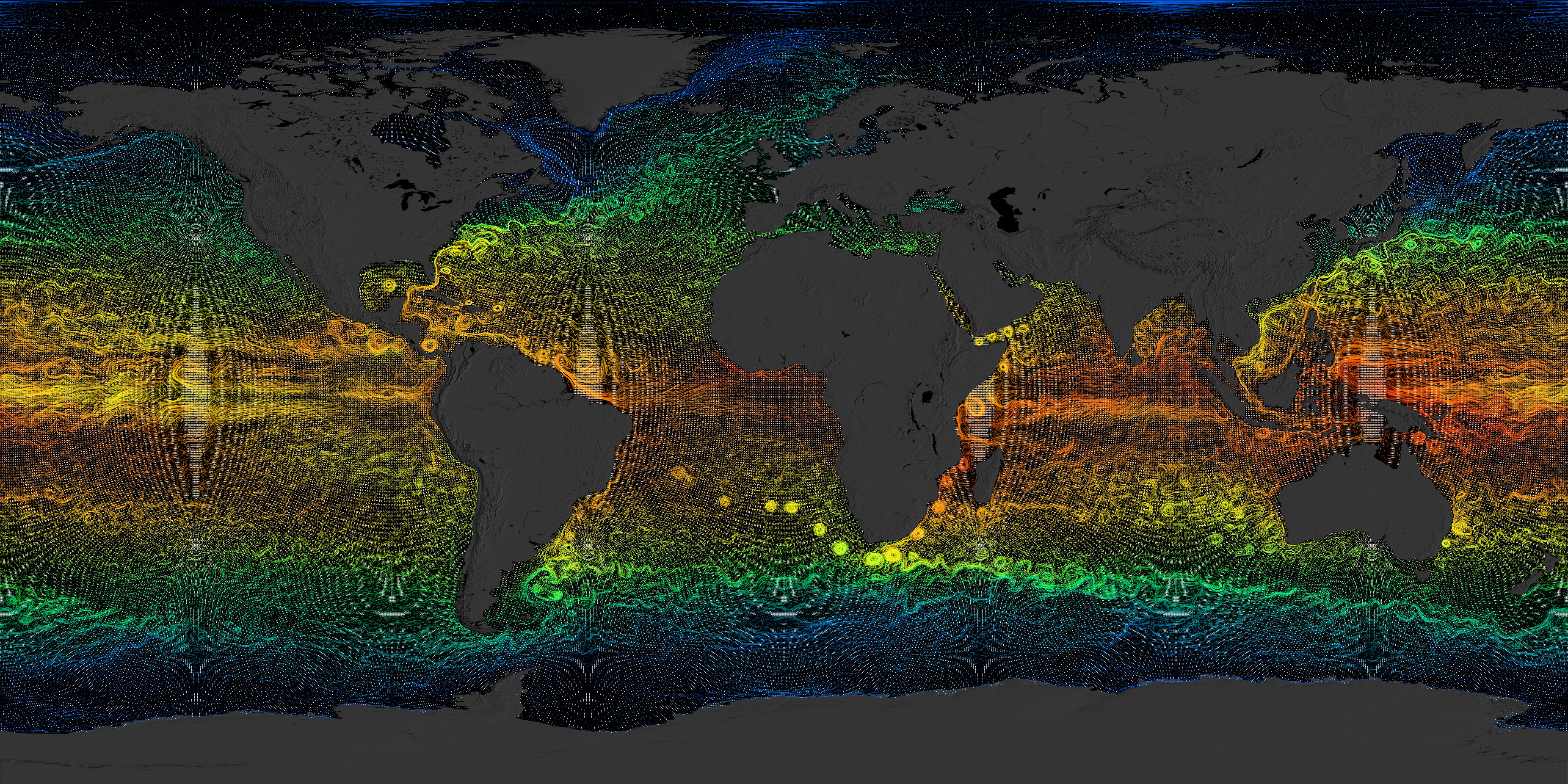 Full resolution ECCO2 flow field illustrating the distribution of the actual flow vector data points relative to the flow curves. The white dots represent locations where the ECCO2 model defines the ocean current directions. Locations in between those locations are interpolated.