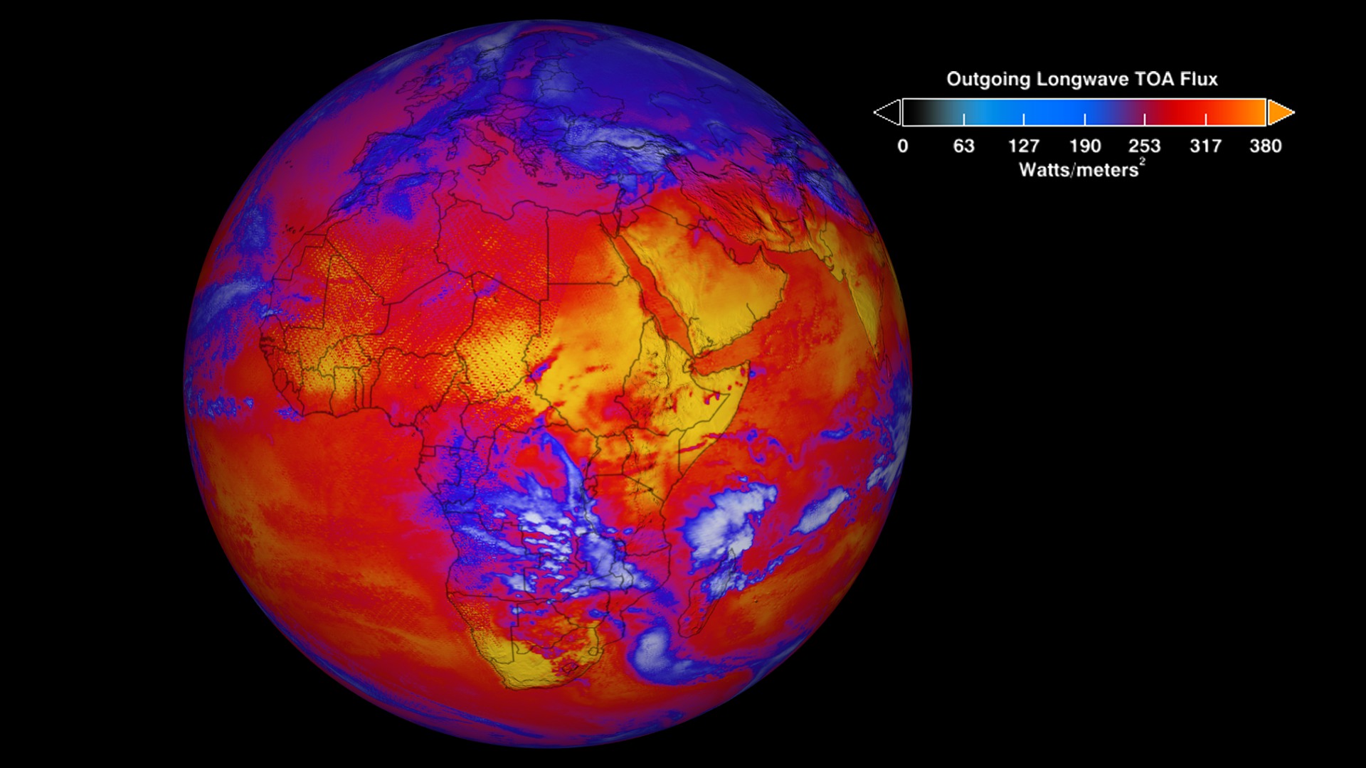 This is  longwave flux radiation at the top-of-atmosphere from Jan 26-27, 2012. Heat energy radiated from Earth (in watts per square meter) is shown in shades of yellow, red, blue and white. The brightest-yellow areas are the hottest and are emitting the most energy out to space, while the dark blue areas and the bright white clouds are much colder, emitting the least energy. This version has a colortable overlay.