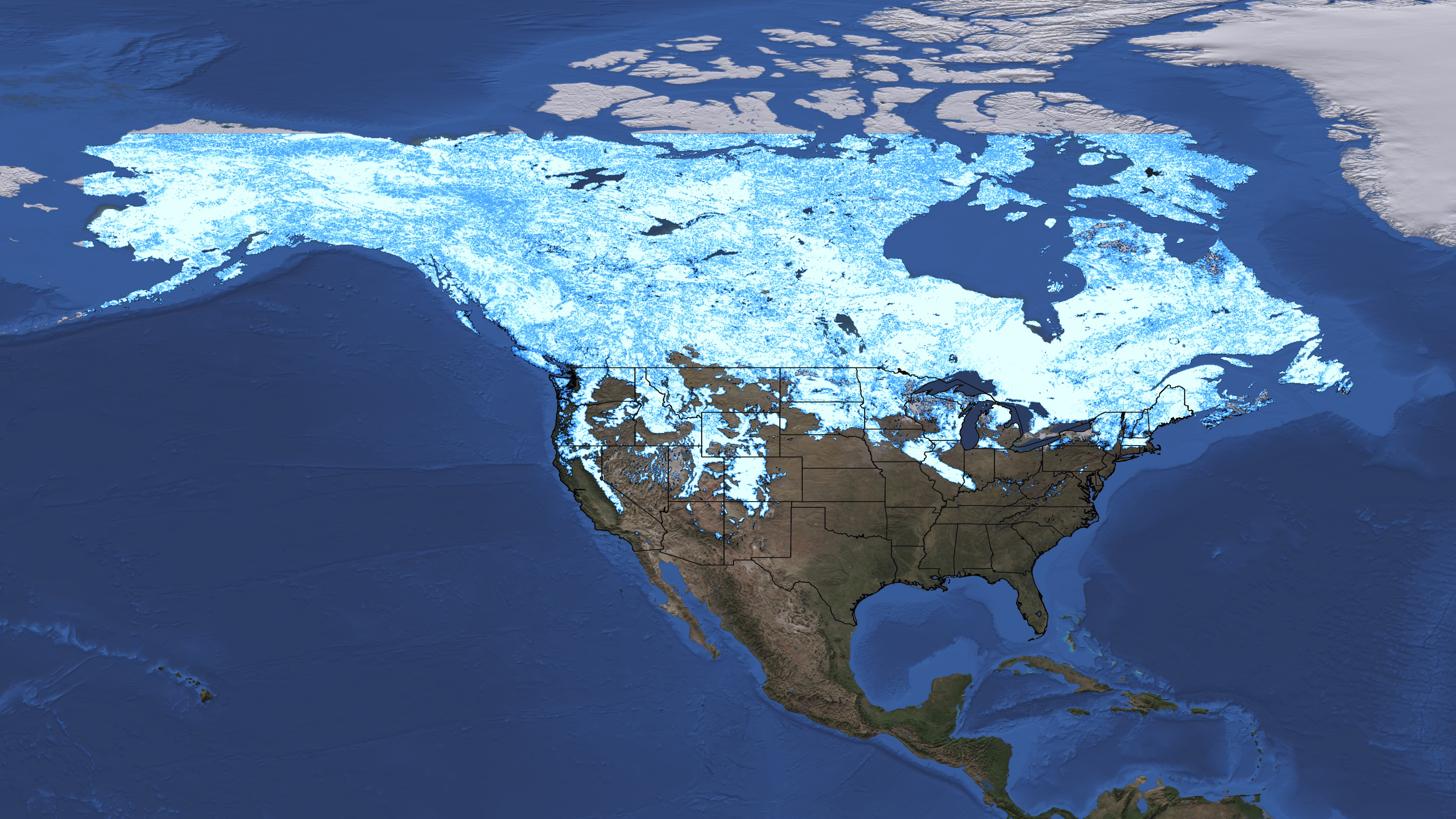 Snow Cover Map of North America with US statelines on March 5, 2012. 