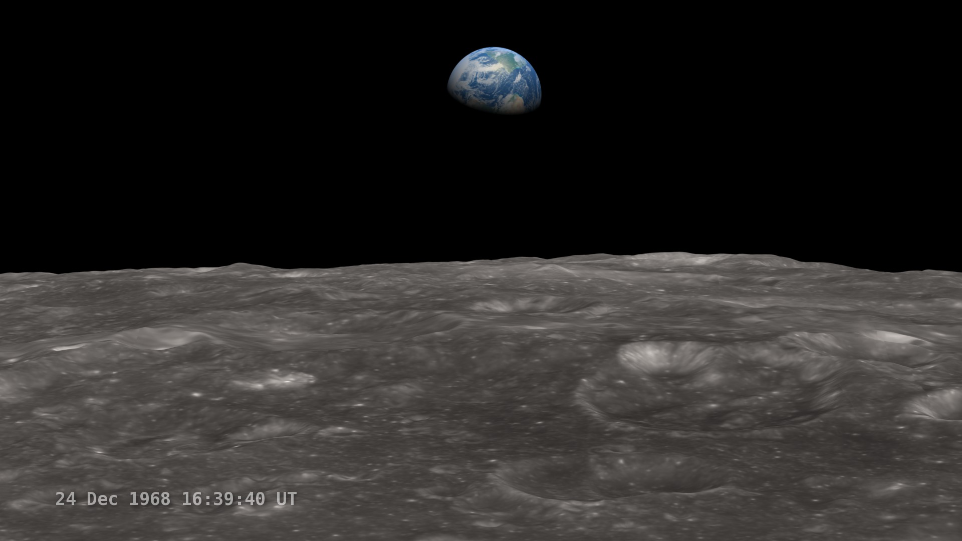 A simulation of what the Apollo 8 crew saw as the Earth rose above the lunar horizon during their fourth orbit around the Moon. Includes a clock overlay. This version runs at a constant speed and does not overlay the photographs.