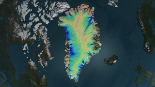 This animation shows how ice is naturally transported from interior topographic divides to the coast via glaciers. The colors represent the speed of ice flow, with areas in red and purple flowing the fastest at rates of kilometers per year.  The vectors indicate the direction of flow. This video is also available on our YouTube channel.