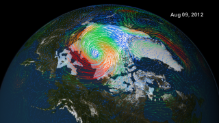 This animation of the winds over the Arctic plays twice as fast as the one below, showing 7.5 days every 5 seconds.