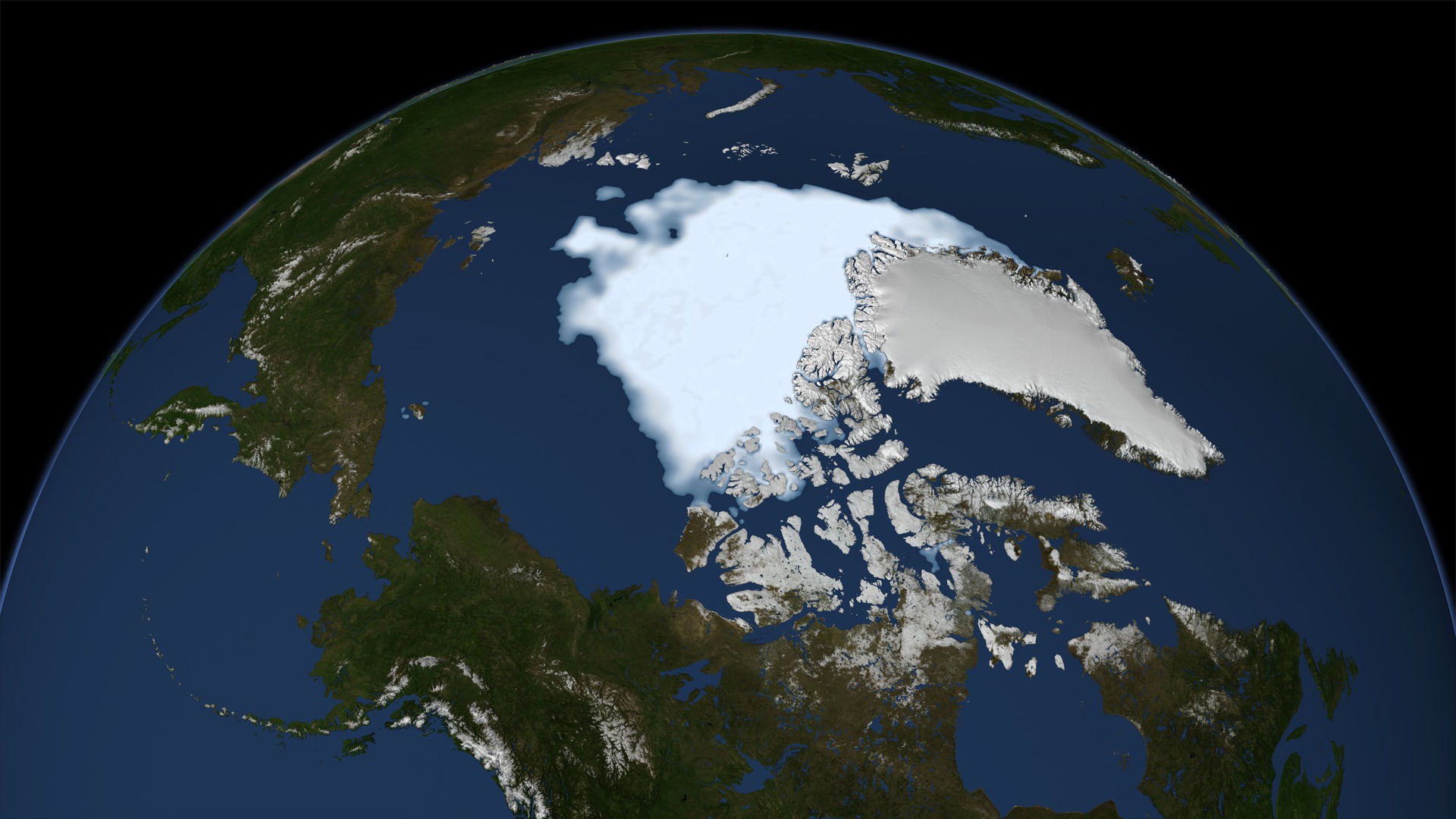 An image of the Arctic sea ice on September 13, 2012, the day that NASA scientists identified to be the minimum area in 2012. The sea ice is shown with a blue tint.  The sea ice is shown with a blue tint.