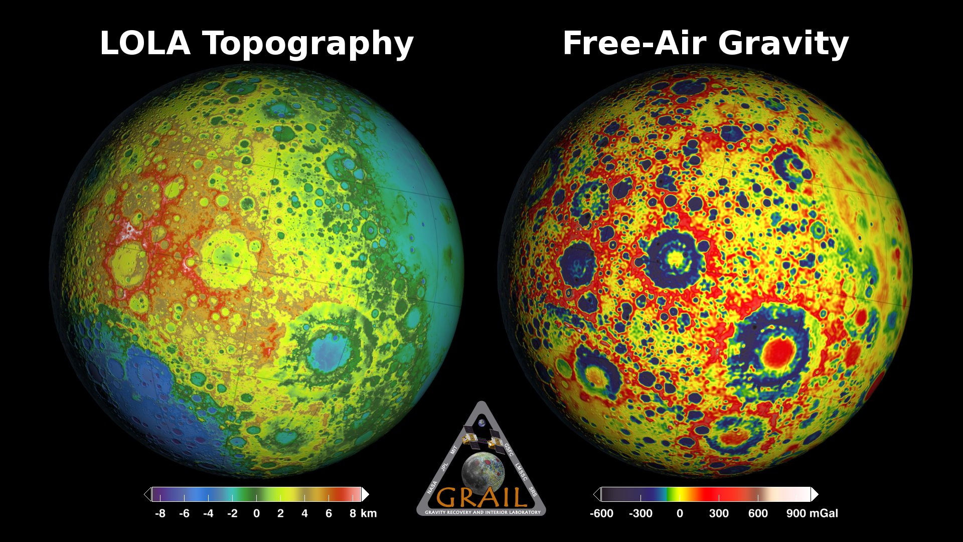 Side-by-side rotating Moon globes showing LOLA elevation and GRAIL free-air gravity.This video is also available on our YouTube channel.