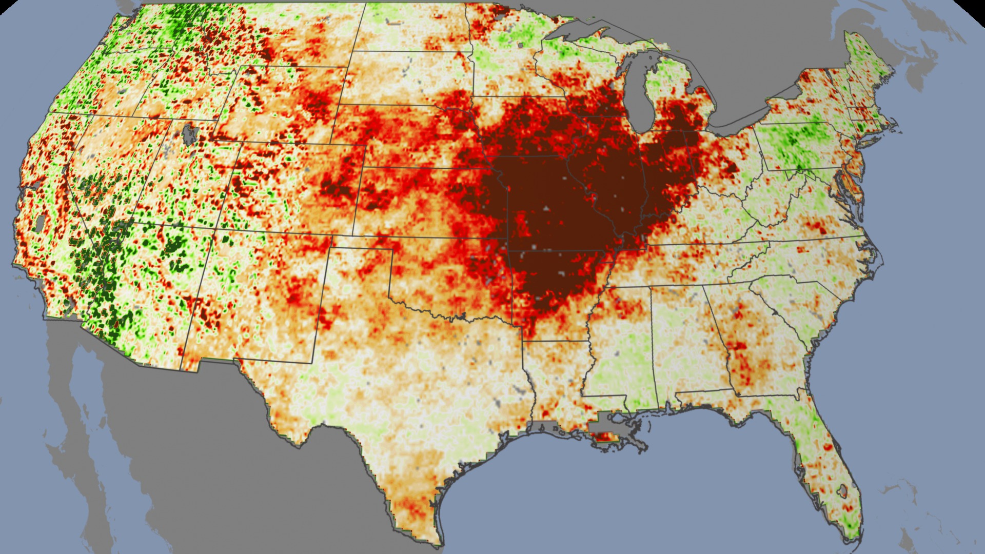 Still image showing Evaporative Stress Index data from August 18, 2012, when the drought in the mideast US was extremely high and spread over several states.