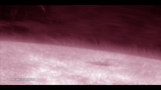 A view of the limb of the Sun, in the H-line of singly-ionized calcium.  A sunspot is visible as are many spicules (the grass-like wavy things).