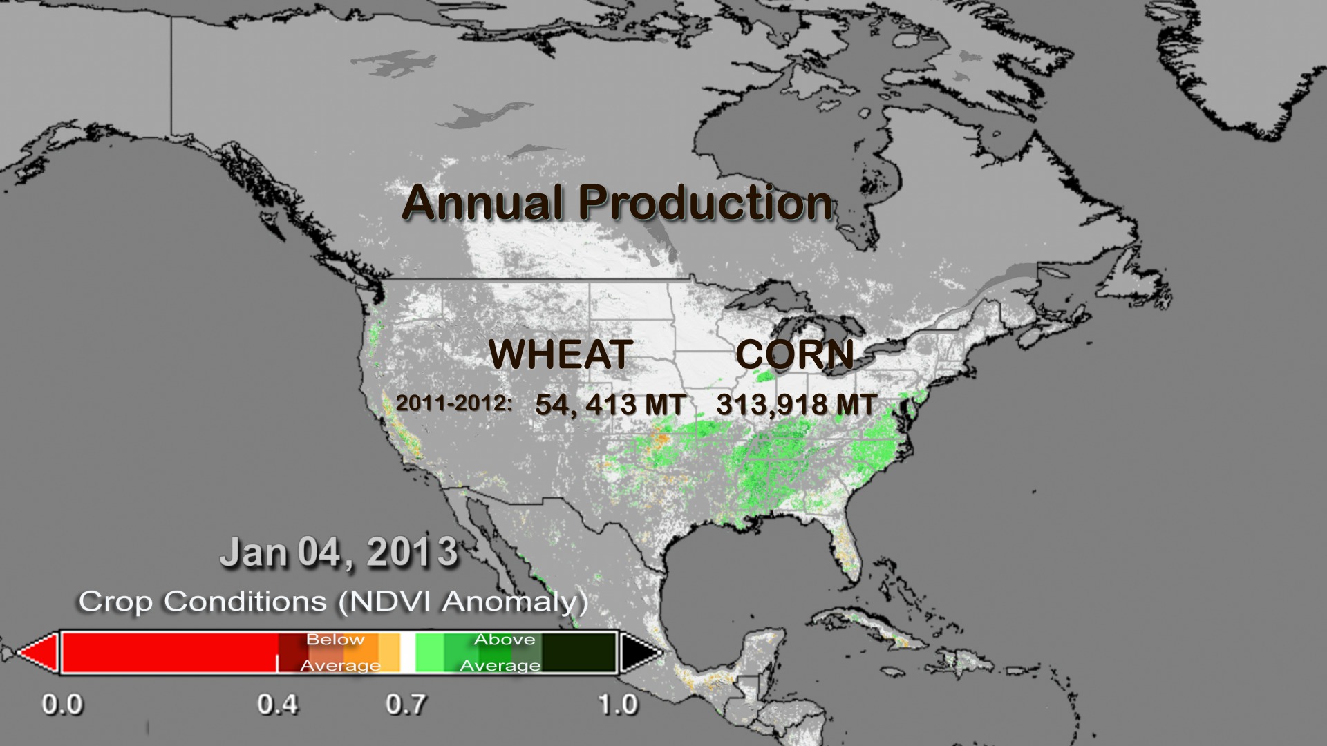 This sequence shows NASA MODIS' derived crop NDVI anomaly relative to the average (2000-2011) with the USDAA's end of season crop production for wheat and corn in the United States.Orange and brown indicate below average and green indicates above average crop production.  This still image is from March 30, 2013 showing below average conditions for most of the United States.