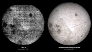 Side by side comparison of the first ever photograph of the lunar far side, from Luna 3, and a visualization of the same view using LRO data. The LRO Moon includes latitude and longitude lines at 15-degree intervals.