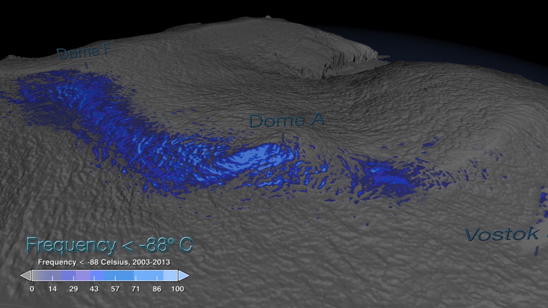 This visualization starts with a global view and then zooms down to Antarctica textured by LIMA data. To bring out the subtle topographical ridges, the topography is exagerrated by 60x. Then, the MOA shaded relief dataset is featured. Next, NOAA's AVHRR minimum temperature is shown followed by NASA's AQUA/MODIS minimum temperature. Frequency < 185 degrees kelvin are shown. Finally, all temperatures that are less then 181 degrees kelvin (-92 degrees celsius or -134 degrees Fahrenheit) are shown.  The coldest temperature recorded from 2003 through 2013 is -93.2 degrees Celsius on August 10, 2010.  On July 31, 2013 it was -93.0 degrees celsius.