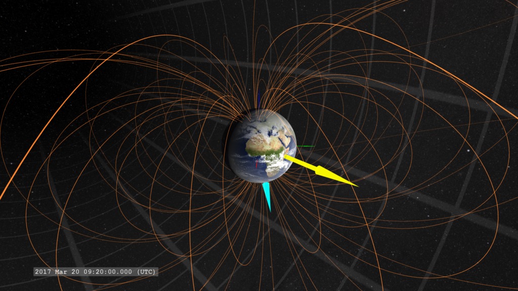A simple visualization of Earth's magnetosphere near the time of the equinox.