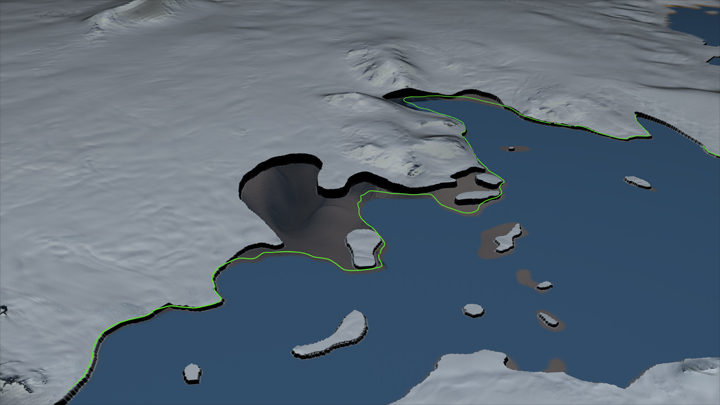 A print resolution image showing the Smith Glacier and the adjacent ice shelves. Here the region covered by the ice shelves is colored blue. The white area shows where the glacier is over bedrock. The boundary traced by the green line shows the location of the grounding line in 1996. The edge of the white  region indicates the  location of the grounding line in 2011, which has retreated inland 35 km from the 1996 location.  The area between the 1996 and 2011 grounding lines is shown as semi-transparent in order to view the depth of the valley beneath the glacier.