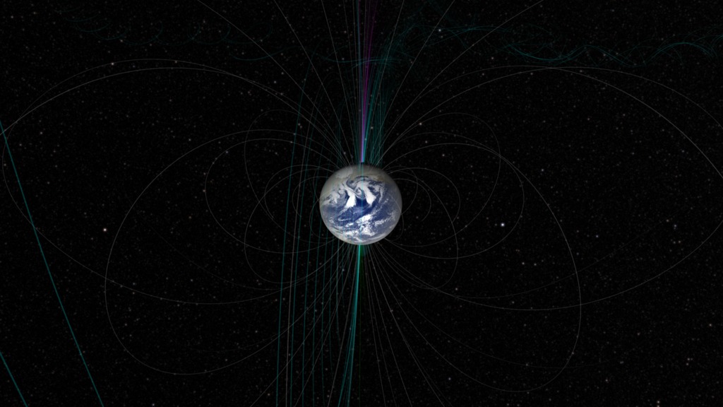 This movie opens with a close-up view of Earth with geo-magnetic field lines.  The camera pulls out and fades in a profile slice of the plasma density data.