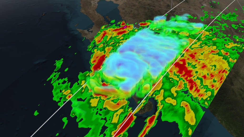 Print resolution still showing the volumetric precipitation structure of Hurricane Odile looking Northward.