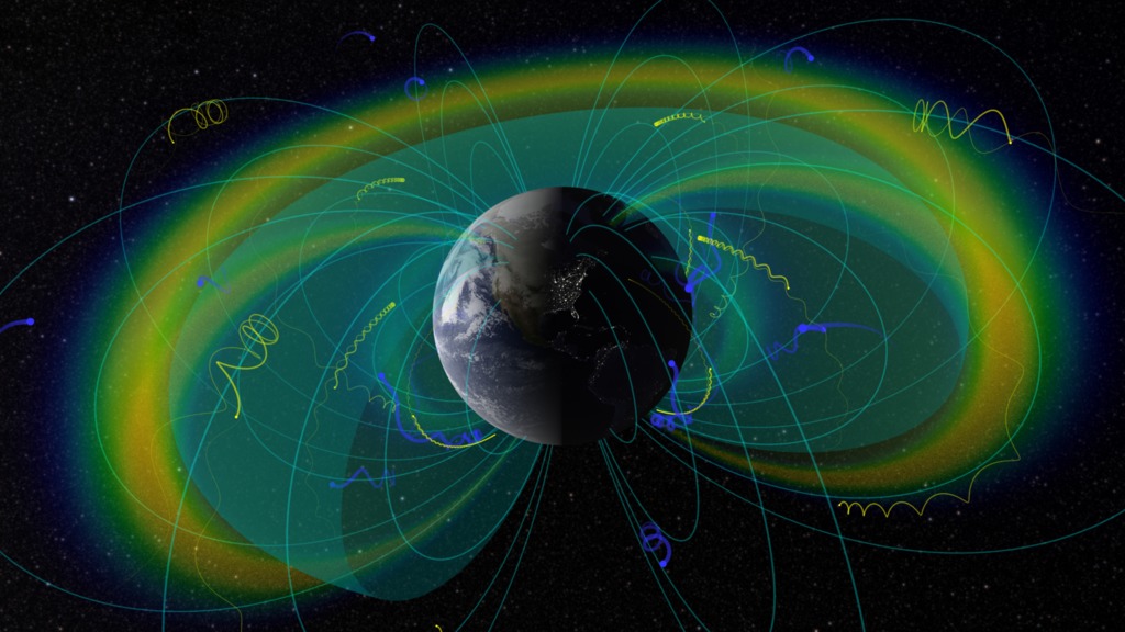 Visualization of the radiation belts with confined charged particles (blue & yellow) and plasmapause boundary (blue-green surface)