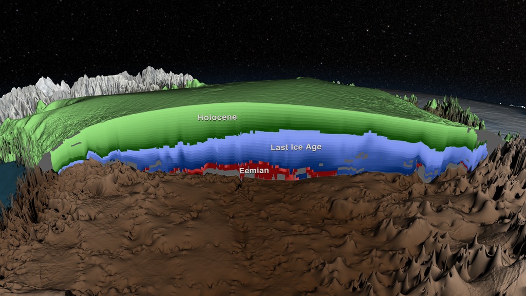 The above movie shows the new 3D map of the age of the Greenland ice sheet, using a collage of live footage and animation to explain how scientists determined the age from data collected by ice-penetrating radar.  The full script of the narration is available here.   This video is also available on our YouTube channel.