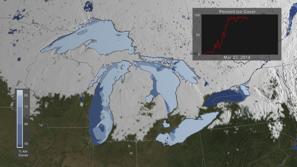 This animation shows the snow cover over North America during the 2013-2014 winter as well as the ice concentration over the Great Lakes.  The date and a graph showing the percent of ice cover over the Great Lakes and Lake Superior is shown on this version.