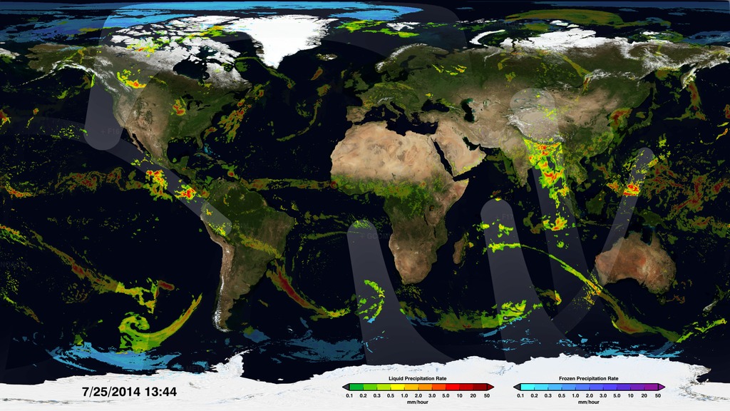 An animation depicting the build-up of precipitation data on a flat map from the Global Precipitation Measurement constellation of satellites, resulting in the IMERG global precipitation data set.