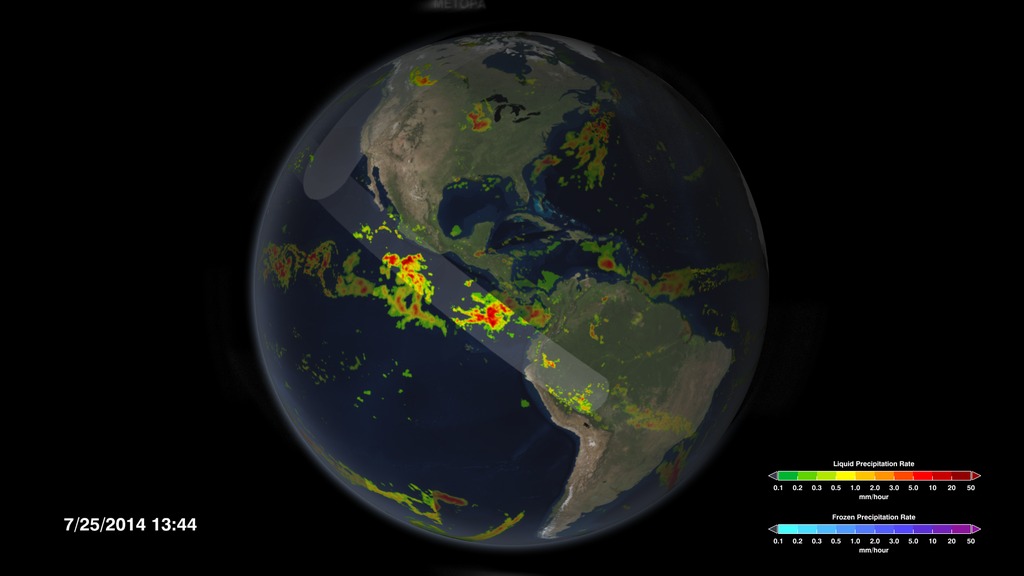 An animation depicting the build-up of precipitation data on the globe from the Global Precipitation Measurement constellation of satellites, resulting in the IMERG global precipitation data set.