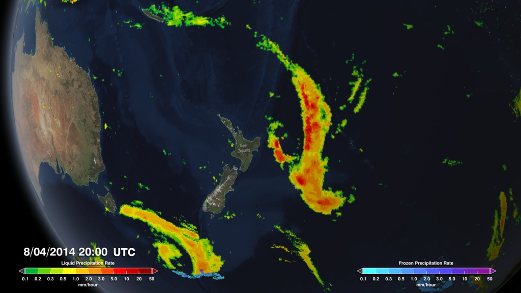 Animation of Precipitation Rates in the South Pacific. Notice the consistent frontal bands as they travel eastward across the southern Pacific Ocean.
