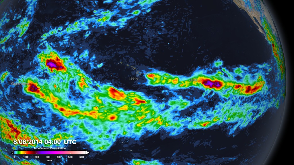 Animation showing accumulated precipitation from three seperate hurricanes (Genevieve, Iselle, and Julio) around the Hawaiian Islands, with Hurricane Iselle making landfall.This video is also available on our YouTube channel.