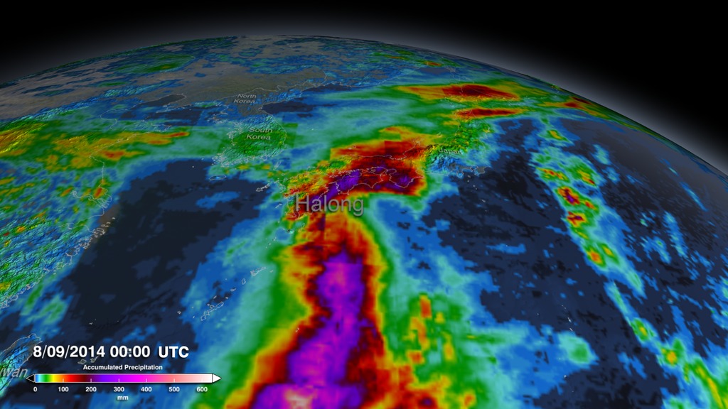 Animation showing accumulated rainfall from Cyclone Halong as it bears down on Japan.