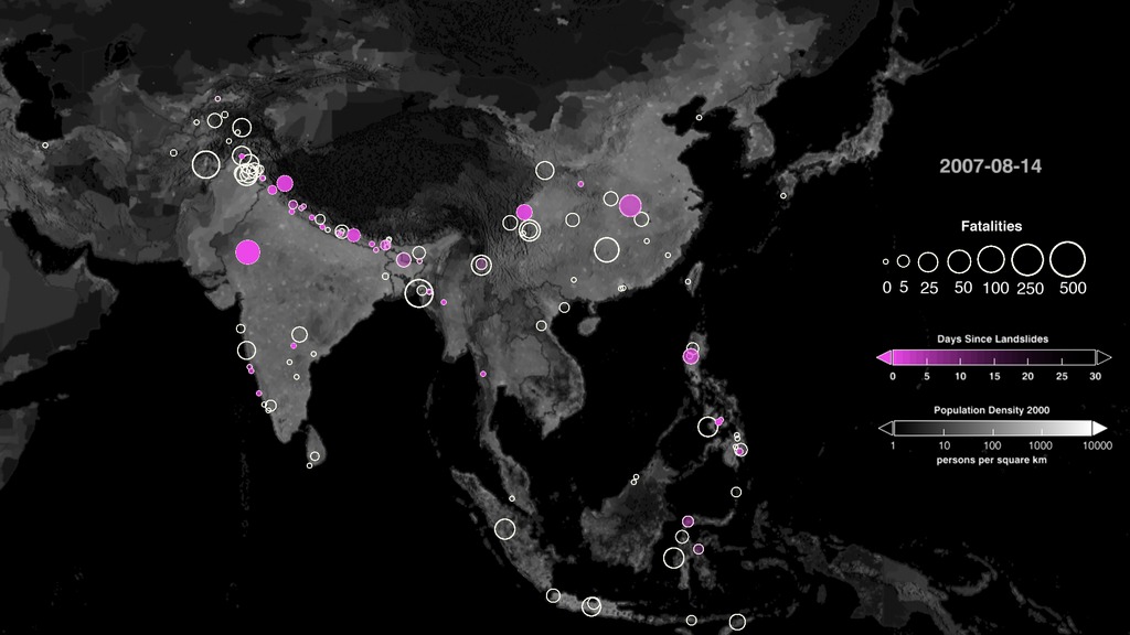 Rainfall-triggered landslides over population data from January 2007 through March 2015 in Asia and the Himalayan Arc.