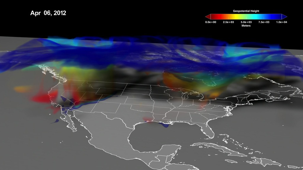 Visualization of a Stratospheric Ozone IntrusionVisualizer:  Trent L. SchindlerSummary:  Events called stratospheric ozone intrusions occur most often in spring and early summer, and can raise ground-level ozone concentrations in some areas to potentially unhealthy levels.This visualization shows one such event that occurred On April 6, 2012. On that day, a fast-moving area of low pressure moved northeast across states in the Western U.S., clipping western and northern Colorado. Ozone-rich stratospheric air descended, folding into tropospheric air near the ground. Winds took hold of the air mass and pushed it in all directions, bringing stratospheric ozone to the ground in Colorado and along the Northern Front Range.For complete transcript, click here.For more details and to download other media formats, click here.