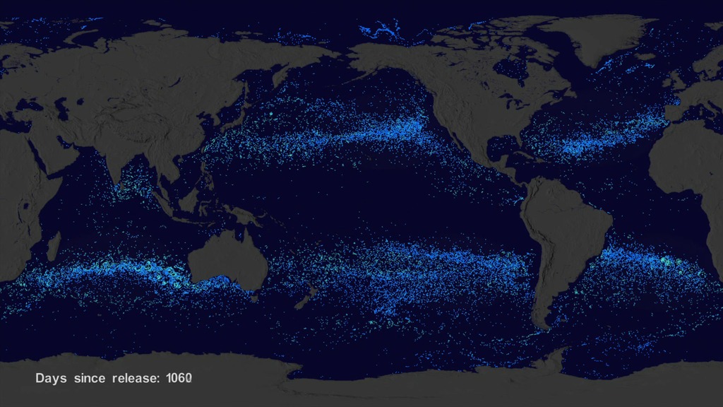 Garbage Patch Visualization ExperimentVisualizers:  Greg Shirah and Horace MitchellSummary:We wanted to see if we could visualize the so-called ocean garbage patches. We start with data from floating, scientific buoys that NOAA has been distributing in the oceans for the last 35-year represented here as white dots. Let's speed up time to see where the buoys go... Since new buoys are continually released, it's hard to tell where older buoys move to. Let's clear the map and add the starting locations of all the buoys... Interesting patterns appear all over the place. Lines of buoys are due to ships and planes that released buoys periodically. If we let all of the buoys go at the same time, we can observe buoy migration patterns. The number of buoys decreases because some buoys don't last as long as others. The buoys migrate to 5 known gyres also called ocean garbage patches.For complete transcript, click here.For more details and to download other media formats, click here.