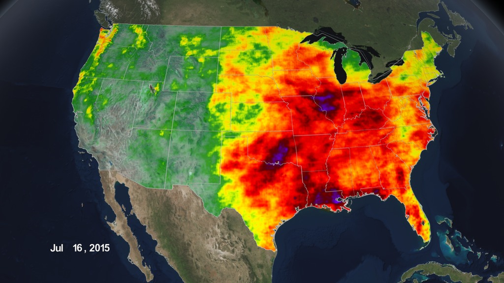 The accumulated precipitation product visualized here begins on January 1, 2015 and runs through July 16, 2015. This visualization shows the heavy rainfall throughout Northern Texas and across Oklahoma as well as the drought in Southern California.This video is also available on our YouTube channel.