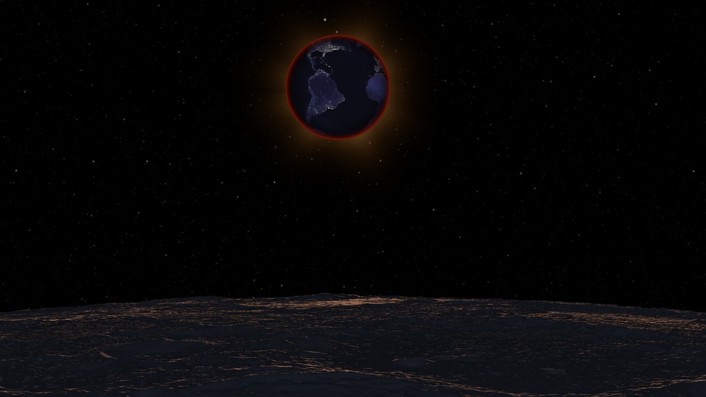 With the lunar horizon in the foreground, the Earth passes in front of the Sun, revealing the red ring of sunrises and sunsets along the limb of the Earth. The Earth and Sun are in Virgo for observers on the Moon. The bright star above them is beta Virginis.This video is also available on our YouTube channel.