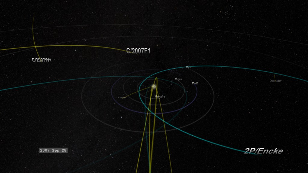 This visualization presents a small sample of the 9 years of comets seen by SOHO from the perspective a an observer at a fixed point above the ecliptic plane with the Sun at the center.