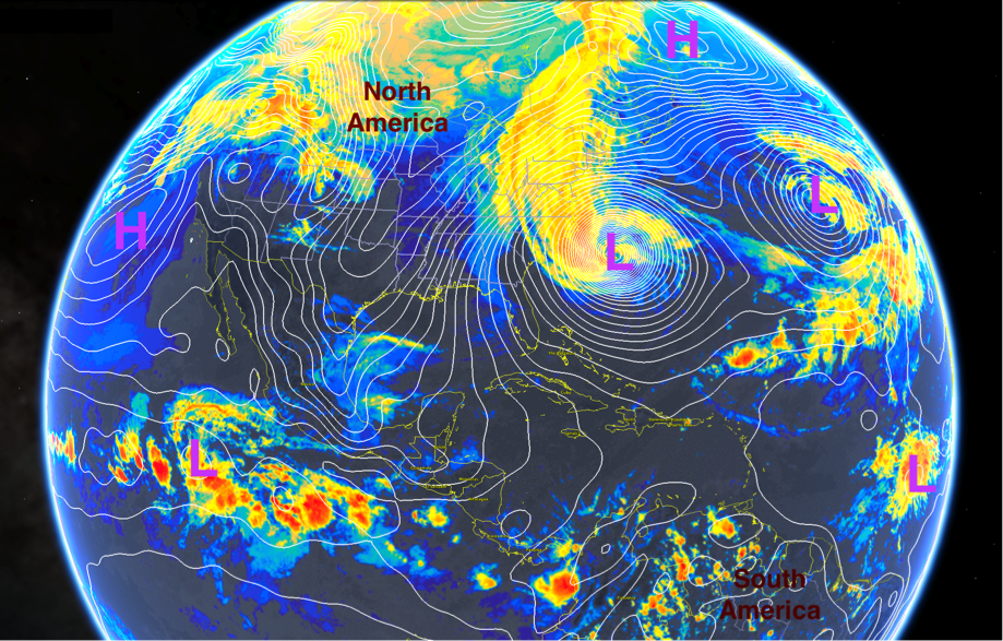 Hurricane Sandy over the Atlantic OceanGeostationary satellites captured the infrared (IR) radiation imagery on October 28, 2012 (18:00 UTC). After adding color enhancements, one can see towering clouds as red colors and cloud-free areas as gray colors. Also displayed are white contour curves of mean sea-level pressure, with an interval of 1.5 hPa, from NOAA’s Global Forecast System (GFS) weather model. All data is visualized in Google Earth™. Contrast the labeled areas of low pressure (L) and high pressure (H). What differences do you see?