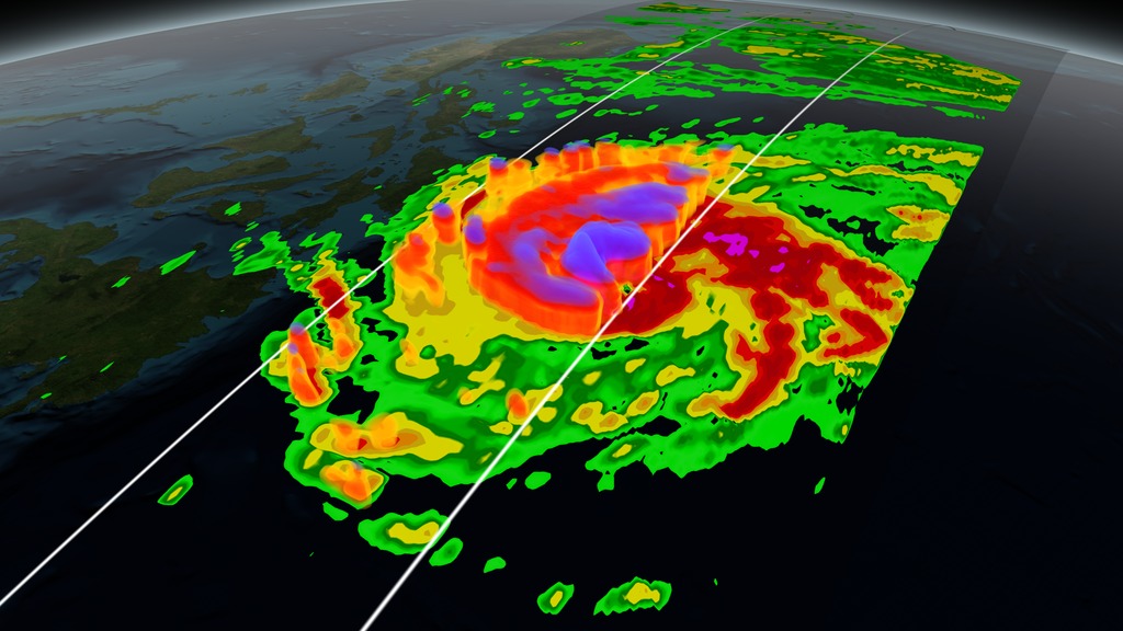 On December 5, 2014 the GPM mission's Core Observatory flew over Typhoon Hagupit as it headed towards the Philippines. The GPM Microwave Imager sees through the tops of clouds to observe how much and where precipitation occurs, and the Dual-frequency Precipitation Radar observes precise details of precipitation in 3-dimensions. Precipitation rates are represented by colors in the visualization.For more information on this visualization, click here.