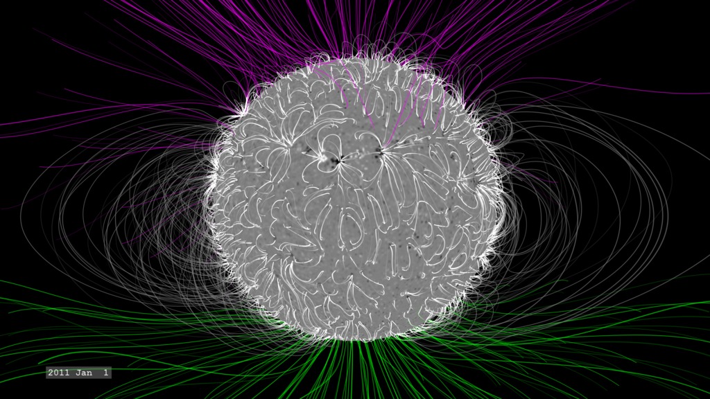 High-resolution still image of the solar magnetic field via PFSS - January 1, 2011.