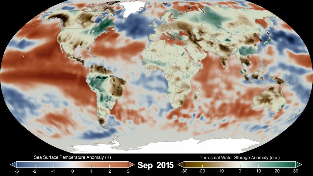 Animation showing Sea Surface Temperature Anomaly (SSTA) and Terrestrial Water Storage Anomaly (TWSA) data from 2002 to 2015 simultaneously. For SSTA data, blues indicate temperatures lower than normal and reds are areas warmer than normal. With this data we can see the comings and goings of El Niño and La Niña across the years. For the TWSA data, browns indicate areas with less ground water than normal and greens are areas with more ground water than normal, which correlates to droughts and floods in these various regions. Furthermore, terrestrial areas that show significant amounts of low water storage are much more sensitive to wildfires.