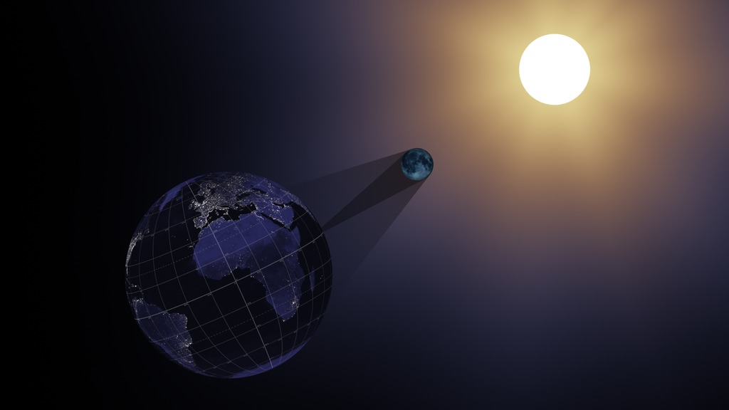 The Moon moves right to left in its orbit around the Earth. The shadow it casts hits the Earth during the March 9, 2016 total solar eclipse.