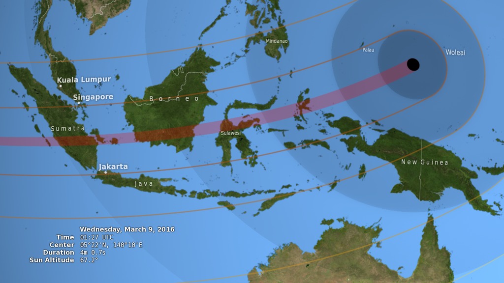The animated shadow path of the March 9, 2016 total solar eclipse, showing the umbra (black oval), penumbra (concentric shaded ovals), and path of totality (red) through Indonesia and the western Pacific.This video is also available on our YouTube channel.
