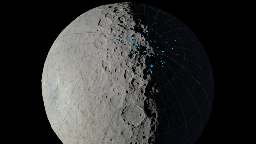 A visualization of Ceres spinning on its axis. The virtual camera moves from the equator toward the north pole, revealing the permanently shadowed regions recently found there.