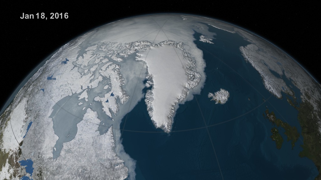 In this animation, the Earth rotates slowly as the Arctic sea ice advances over time from January 18 through July 7, 2016