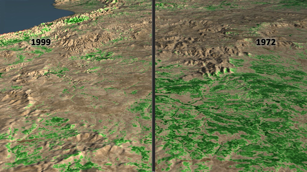 This visualization shows one location of the area in western Tanzania where the Jane Goodall Institute is working. After focusing on the region to the southeast of the Gombe National Park, this visualization shows the change in forest cover between 1972 and 1999.  Forested areas are shown in shades of green; non-forested regions are shown in shades of brown.