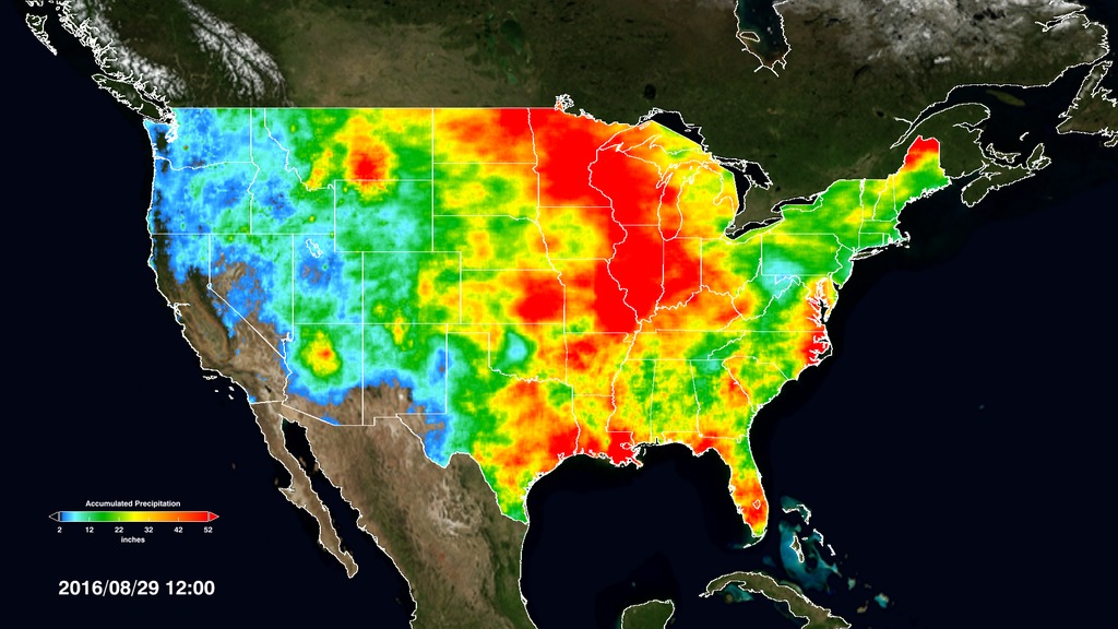 Accumulated rainfall over the United States from May 1, 2016 to August 29, 2016, derived from the IMERG global precipitation dataset.