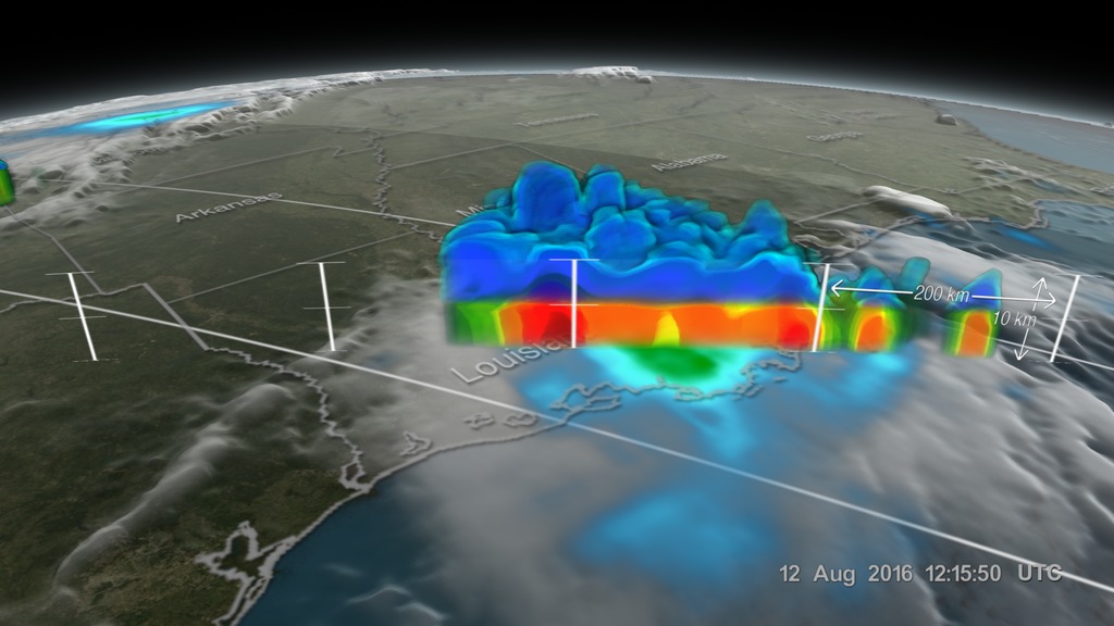 This visualization begins with an overview of the United States showing the clouds and rainfall accumulation of the massive rain event over Louisiana beginning on August 11th, 2016 through August 13th, 2016. The camera then begins to zoom in as time resets to August 11th. Time then slows way down on August 12th to show the first of GPM's passes. In this close up of GPM's volumetric DPR data over Louisiana, a cutting plane materializes into view to show the inner structure of this giant storm system. From this view, one can clearly see the heavy amounts of rain in the center of the storm (depicted in yellow, orange, and red). The GPM data then dissolves away as time speeds up before slowing down again later on that same day. This time GPM captures a much larger swath of the storm. Dissolving in the cutting plane again reveals huge amounts of rainfall at this later time.  As the GPM data dissolves away again, time speeds back up to show the rest of the rainfall accumulation partway through August 13. At this time, a large portion of Louisiana can be seen completely saturated with rainfall accumulations (depicted in shades of orange to red). 