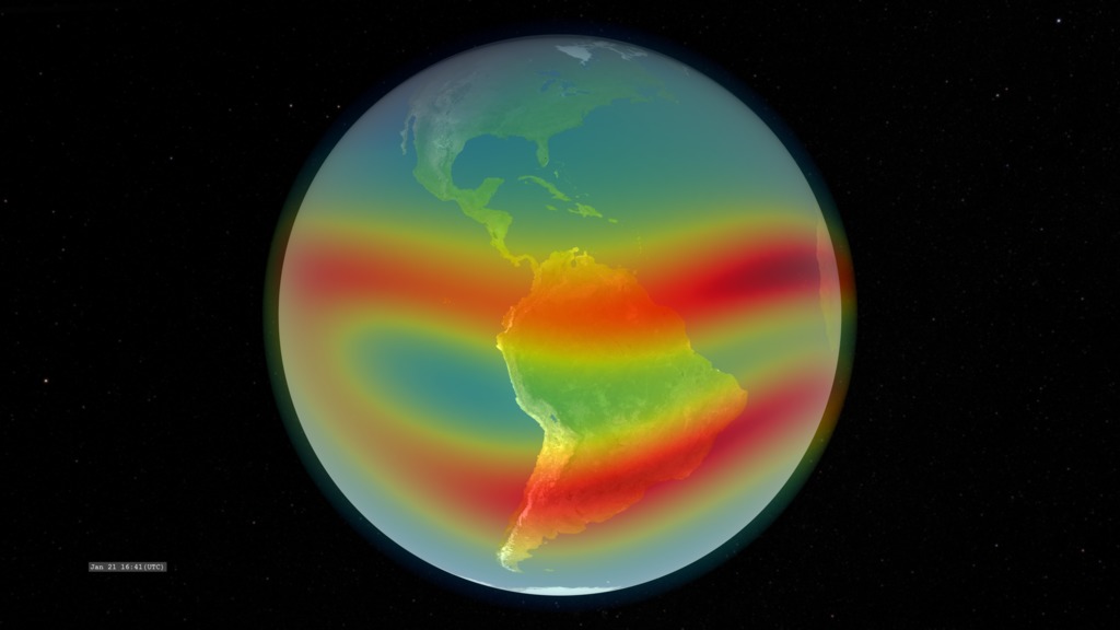 A view of the singly-ionizing oxygen atom on the dayside of Earth.  This represents the variation of the enhancments due to variation in the geomagnetic field.  This version interpolates the IRI model to a higher time cadence for a smoother animation.