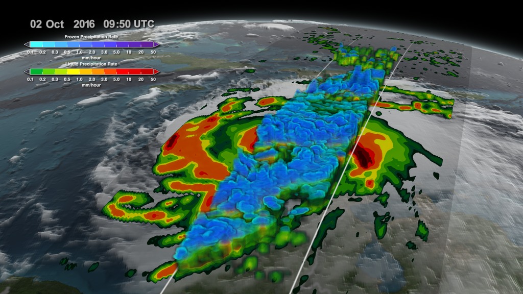 This animation starts with an overview of North America, Central America, and the Caribbean. As the camera slowly pushes in, Hurricane Matthew begins to form. By the morning of October 2nd, 2016 Matthew is a Category 4 Hurricane immediately south of Haiti and the Dominican Republic. Time then slows down to see GPM's GPROF swath reveal ground precipitation from the hurricane. Now, with the camera closer in the view rotates to reveal a curtain of 3-dimensional radar data from GPM's DPR instrument. DPR shows us the 3-D structure of the hurricane's precipitation rates. Areas in blue and purple are frozen precipitation, whereas areas in greens and reds are liquid precipitation.