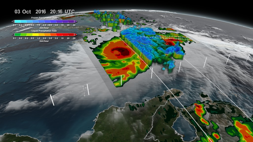 This animation starts with an overview of North America, Central America, and the Caribbean. As the camera slowly pushes in, Hurricane Matthew begins to form. By the morning of October 2nd, 2016 Matthew is a Category 4 Hurricane immediately south of Haiti and the Dominican Republic. Time then slows down to see GPM's GPROF swath reveal ground precipitation from the hurricane. Now, with the camera closer in the view rotates to reveal a curtain of 3-dimensional radar data from GPM's DPR instrument.  DPR shows the 3-D structure of the hurricane's precipitation rates. Areas in blue and purple are frozen precipitation, whereas areas in greens and reds are liquid precipitation. The data for October 2nd then fades away and the hurricane advances to October 3rd, stopping over Haiti. A new satellite pass of GPM GPROF ground precipitation is revealed, followed by a new curtain of 3-D DPR data.