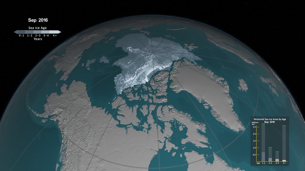 This visualization shows the age of the Arctic sea ice between 1984 and 2016.  Younger sea ice, or first-year ice, is shown in a dark shade of blue while the ice that is four years old or older is shown as white. A bar graph displayed in the lower right corner quantifies the area in square kilometers covered by each age category of perennial sea ice.