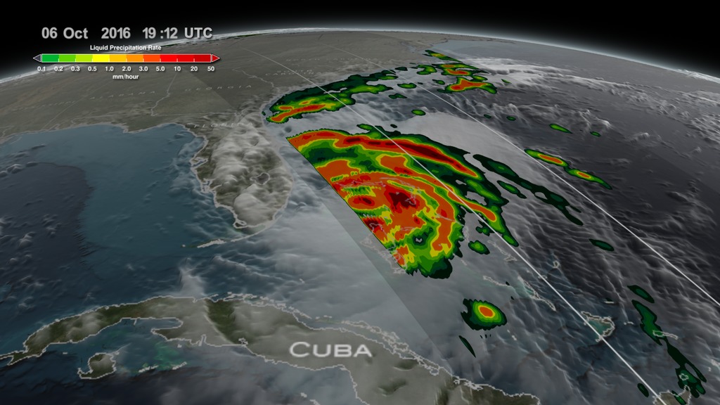 This data visualization resumes where the visualization  "GPM Captures Hurricane Matthew Over Haiti"  leaves off. After dissolving away GPM's DPR and GPROF data over Haiti on October 3rd, 2016, we follow Matthew to October 4th as the eye makes landfall over Haiti. GPM's GPROF sweeps in to show the tremendous amounts of rainfall throughout Haiti. We then move forward in time to October 6th as Matthew approaches Florida. Another GPM GPROF swath shows how close the outer bands of precipitation are to the Florida coast. Finally, we move a little further into the same day revealing the massive amounts of rainfall being produced by this storm as it begins to impact Florida.
