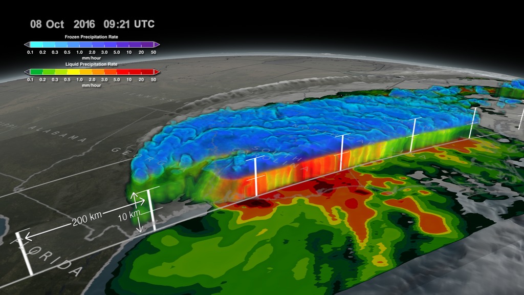 This data visualization resumes where the visualization  "GPM Captures Hurricane Matthew Nearing Florida"  leaves off. In this animation Hurricane Matthew travels up the east coast from Florida to the Carolinas. On October 8, 2016 Matthew (still a category 2 hurricane) dumps massive amounts of rain throughout the southeast dousing North and South Carolina. GPM then flies over the area revealing precipitation rates on the ground. As we zoom in closer, GPM's DPR sensor reveals a curtain of 3D rain rates within the massive weather system. 