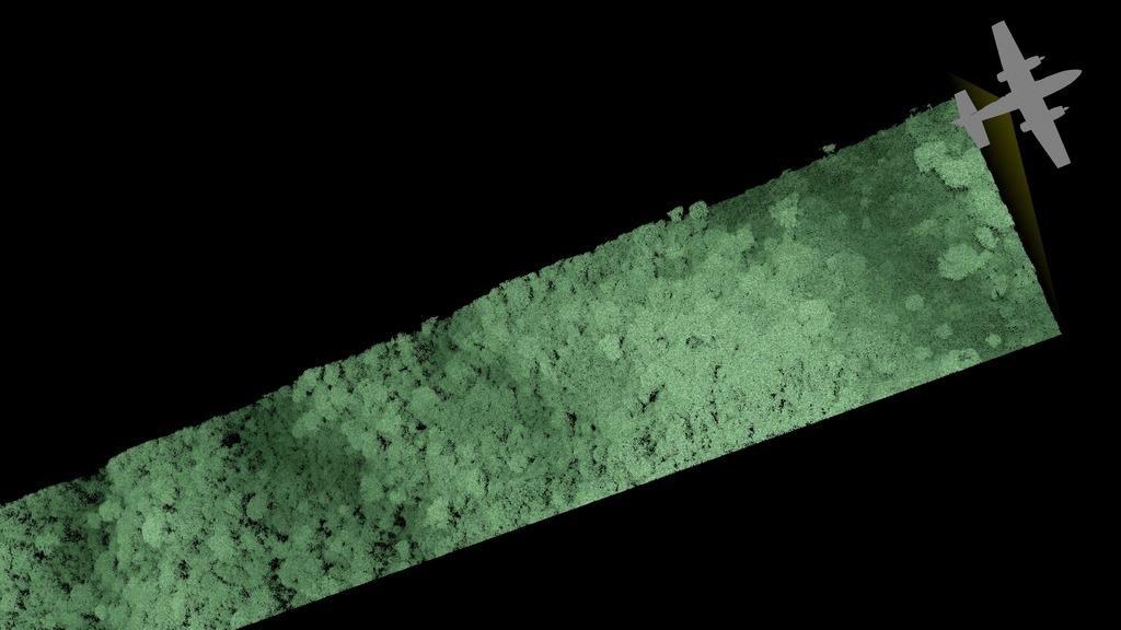 This visualization shows an airplane collecting a 50 kilometer swath of lidar data over the Brazilian rainforest. For ground level features, colors range from deep brown to tan. Vegetation heights are depicted in shades of green, where dark greens are closest to the ground and light greens are the highest.